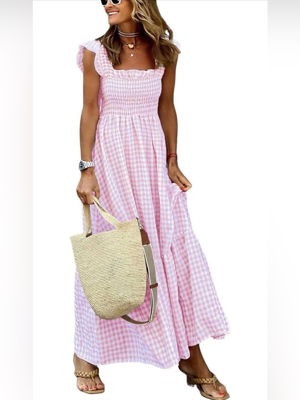 Chouyatou women Pink Gingham Smocked Midi Dress with Ruffle Neckline